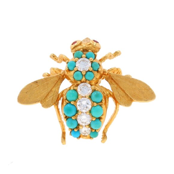 Cartier Diamond Turquoise Ruby Vintage Bee Brooch -Yellow Gold 18k Rd .80ctw Pin